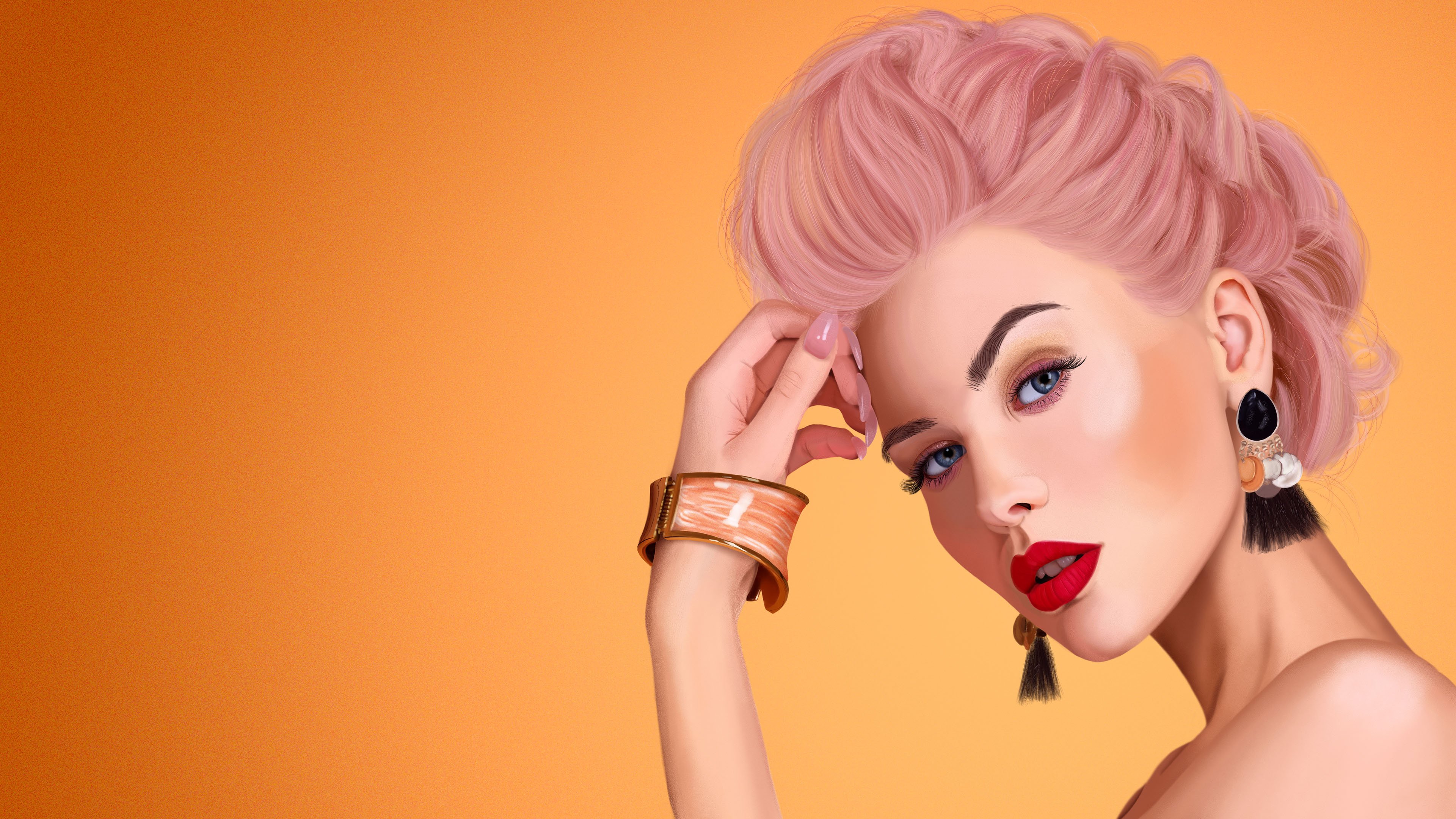 Pink Hair Red Lips Closeup Wallpaper