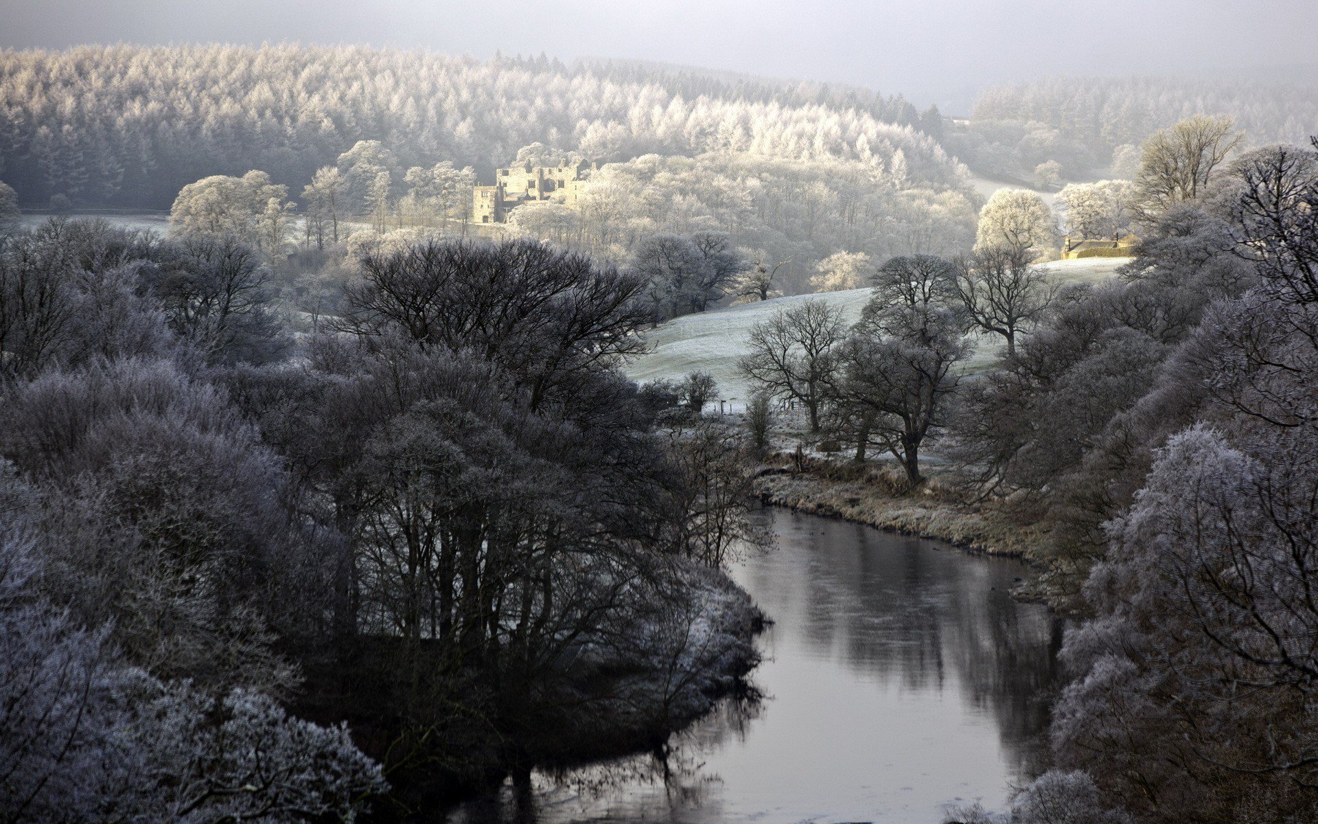 Frozen River Ruins Landscape Wallpaper