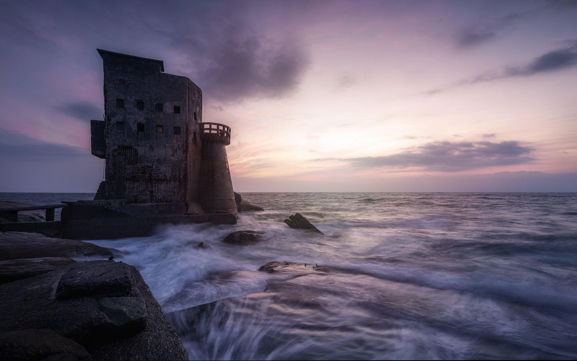 Ocean Waves Sunset Building Wallpaper