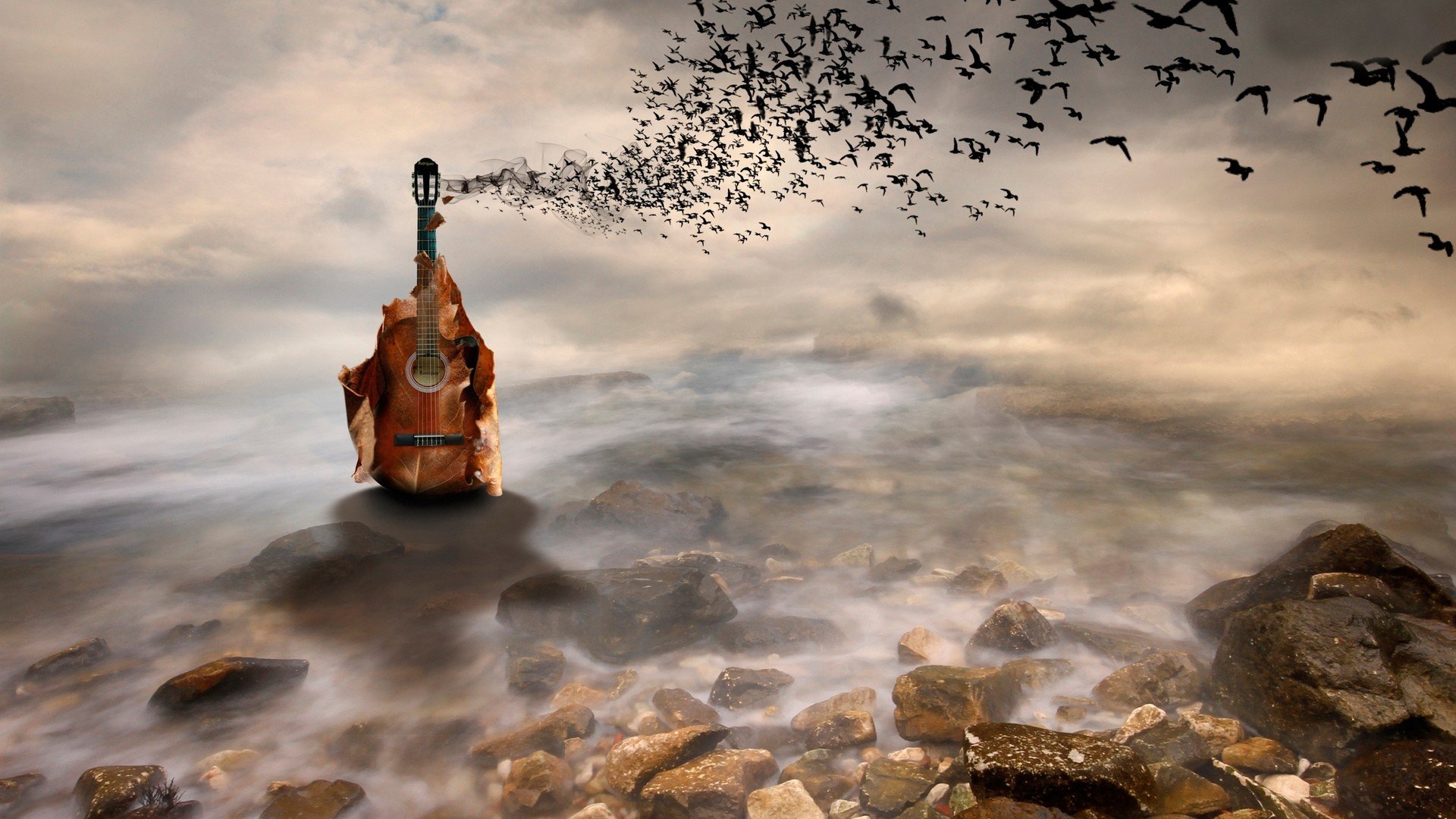 Serene Guitar By The Sea Wallpaper